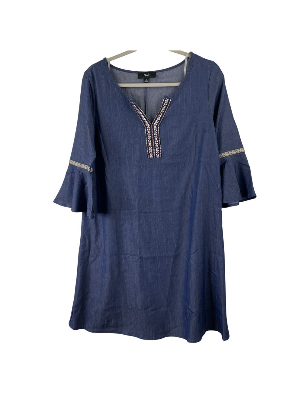 NAIF Blue Chambray Dress Bell Sleeves Western Women's Small Cowboys